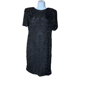 Vintage Amor Black 100% Silk Beaded Dress Size Medium‎